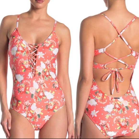 LAUNDRY BY DESIGN one piece Bright Coral Lace Up Swimsuit XS - Picture 15 of 16